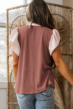 Fushia Plus Size Contrast Frilled Neckline Ruffled Short Sleeve Ribbed Textured Blouse