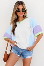 White Color Block Patchwork Half Sleeve Oversized T Shirt