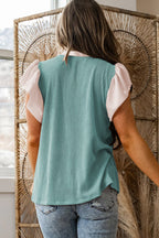 Fushia Plus Size Contrast Frilled Neckline Ruffled Short Sleeve Ribbed Textured Blouse