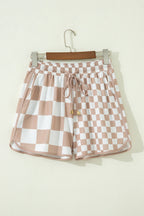 Khaki Double Checkered Print Beaded Drawstring Casual Shorts