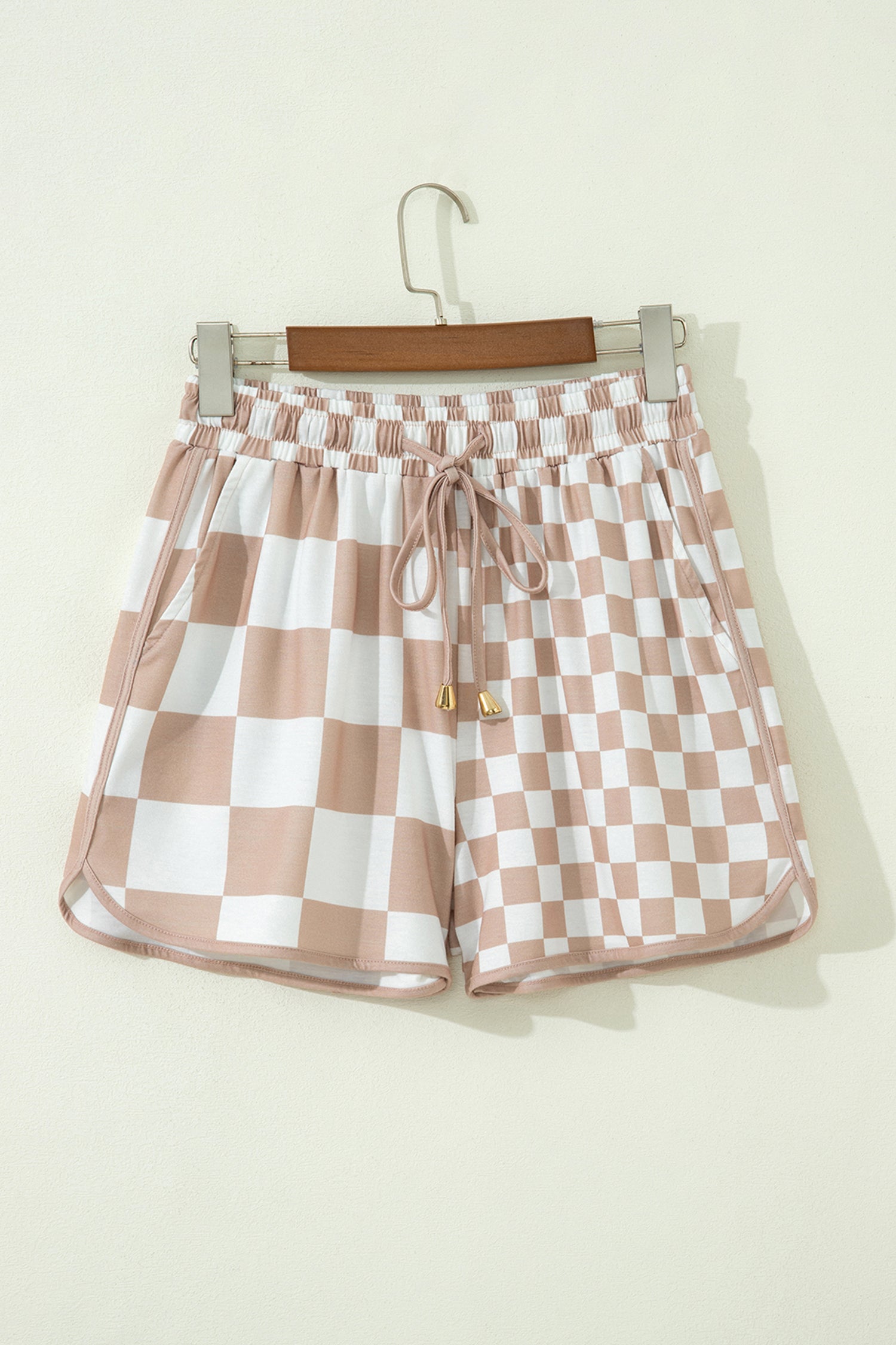 Khaki Double Checkered Print Beaded Drawstring Casual Shorts