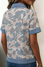 Multicolour Camouflage Print Denim Patchwork Polo Collar Tee