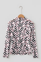 Black Checkered Baseball Bow Print High Neck Long Sleeve Mesh Top