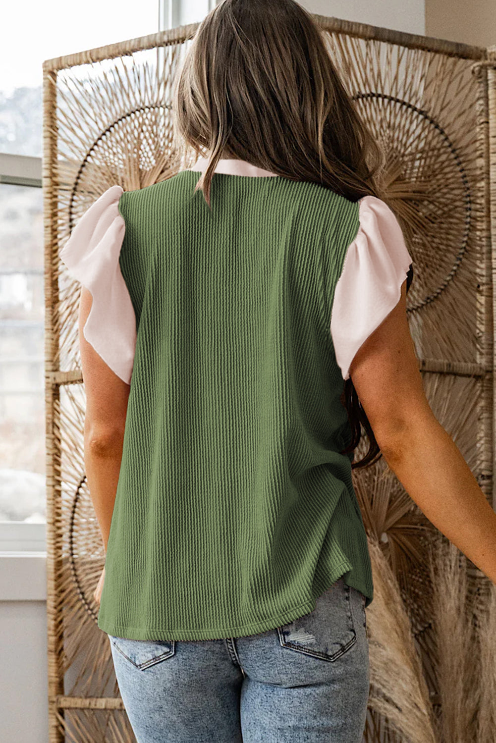 Fushia Plus Size Contrast Frilled Neckline Ruffled Short Sleeve Ribbed Textured Blouse