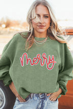 Grass Green Sequined merry Letter Graphic Twisted Ribbed Baggy Sweatshirt
