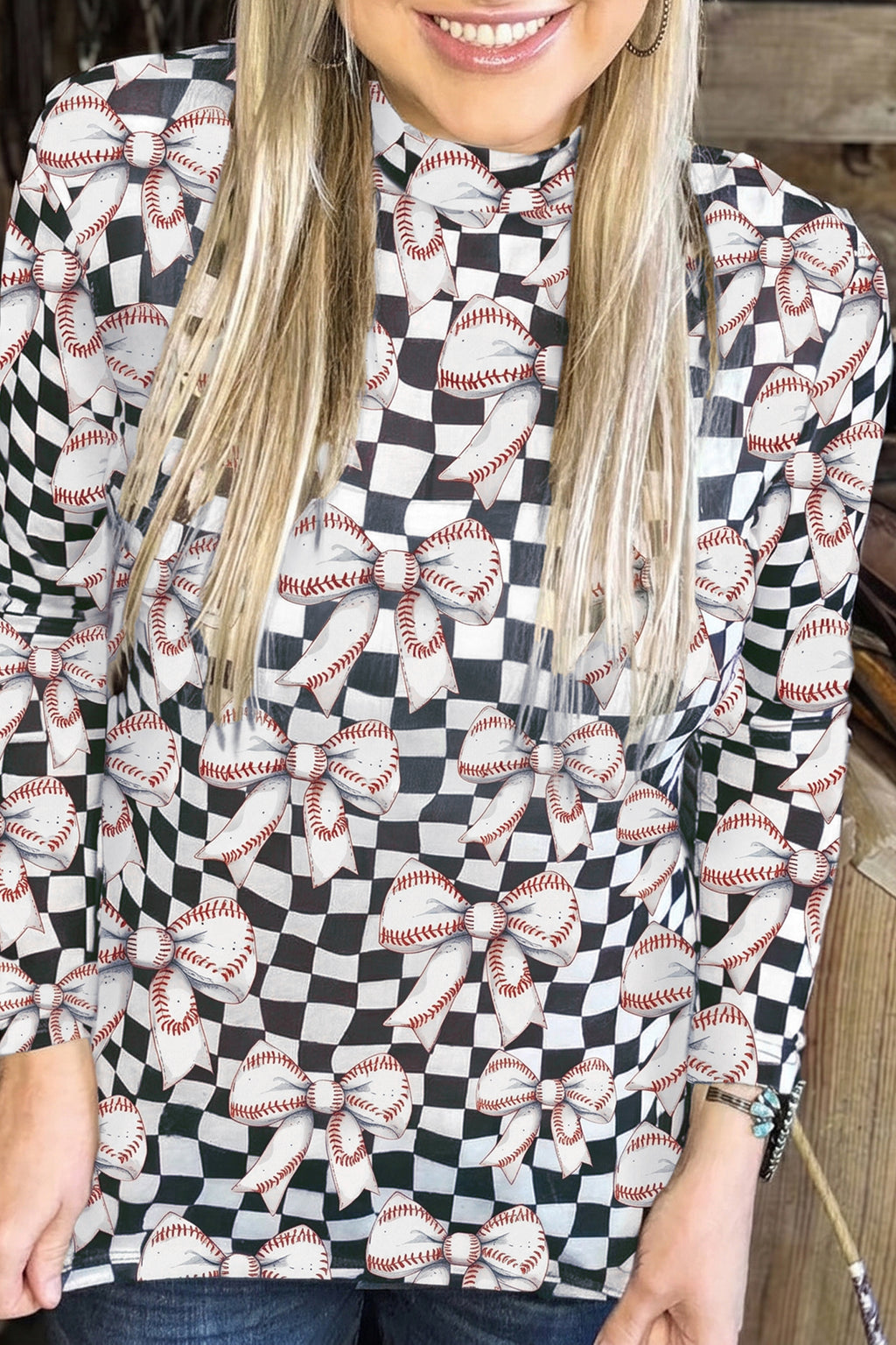 Black Checkered Baseball Bow Print High Neck Long Sleeve Mesh Top