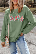 Grass Green Sequined merry Letter Graphic Twisted Ribbed Baggy Sweatshirt