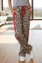 Rose Contrast Detail Tie Waist Leopard Print Casual Pants