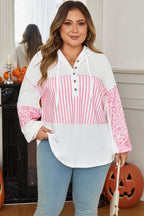Pink Stripe Leopard Patchwork Waffle Knit Buttoned Plus Size Hoodie