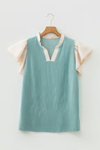 Fushia Plus Size Contrast Frilled Neckline Ruffled Short Sleeve Ribbed Textured Blouse