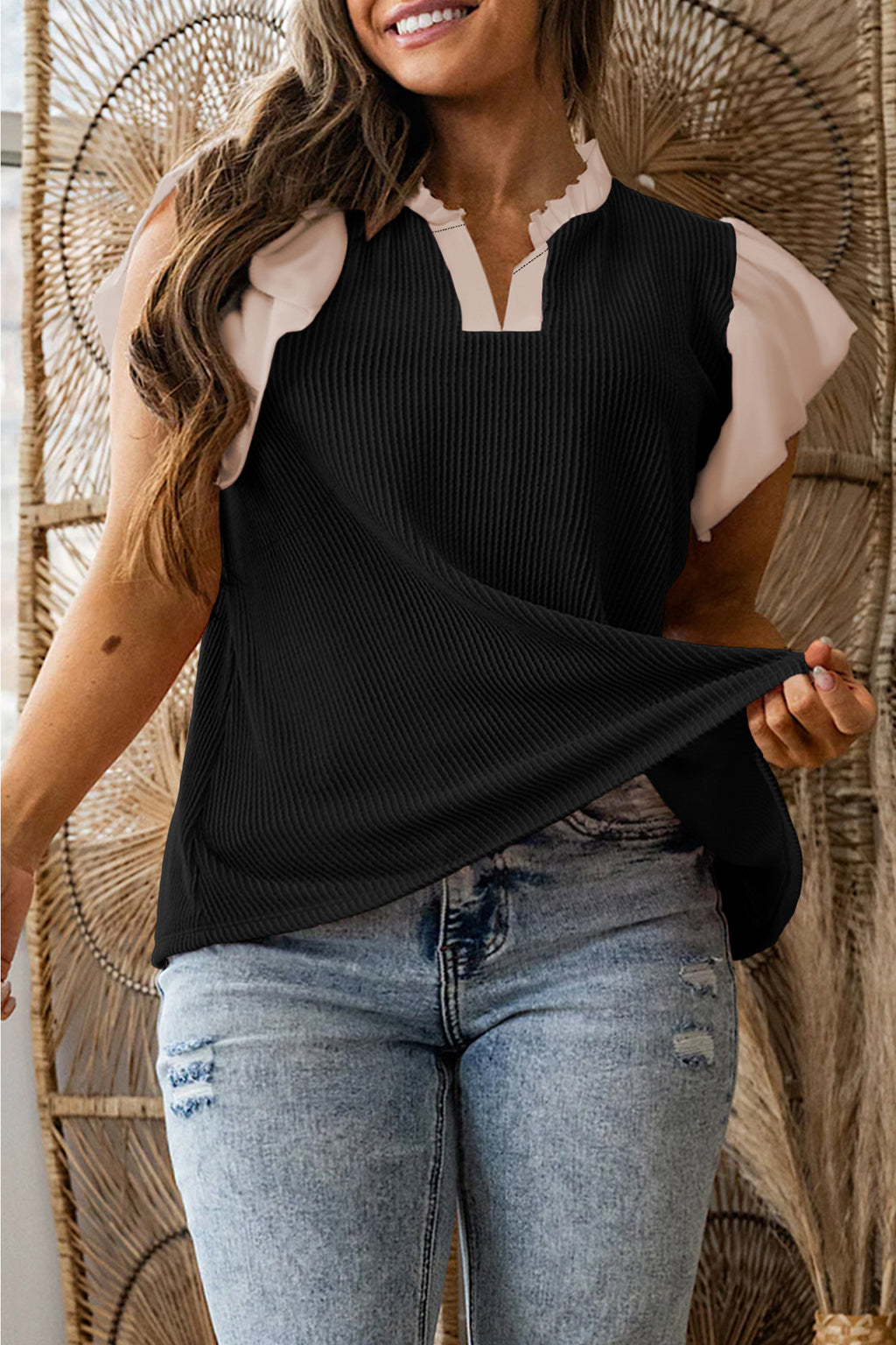 Fushia Plus Size Contrast Frilled Neckline Ruffled Short Sleeve Ribbed Textured Blouse