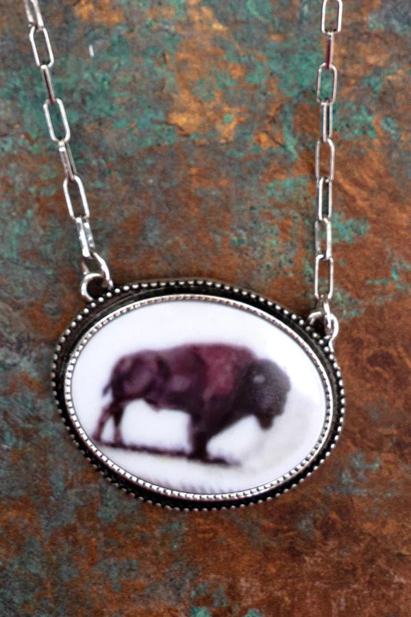 Buffalo Portrait Silvertone Necklace